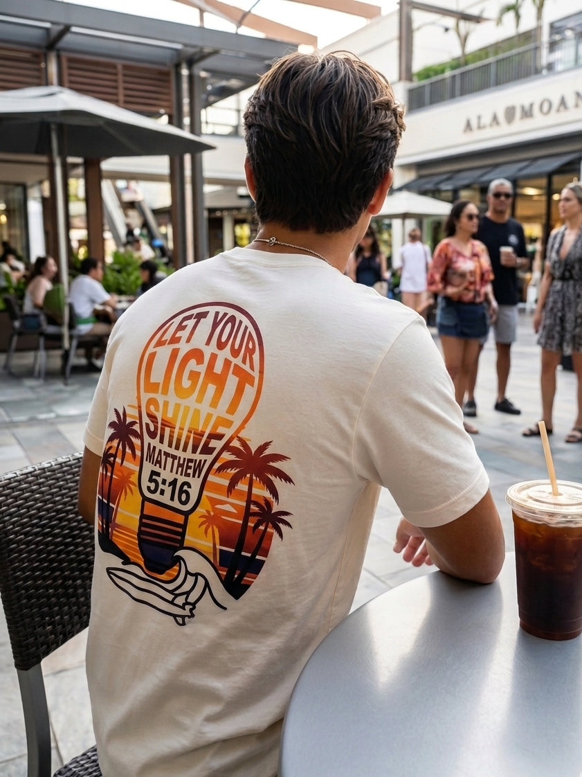 "The Light Shines" DTF Graphic Tee – Sunset Matthew 5:16 Edition